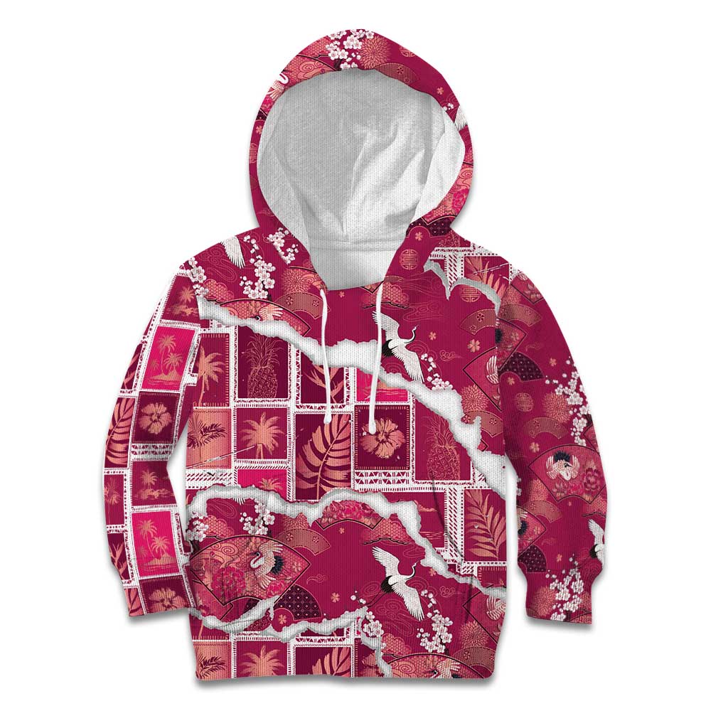 Hawaii Japanese Culture Pink Kid Hoodie Spring Cranes Aloha Pattern