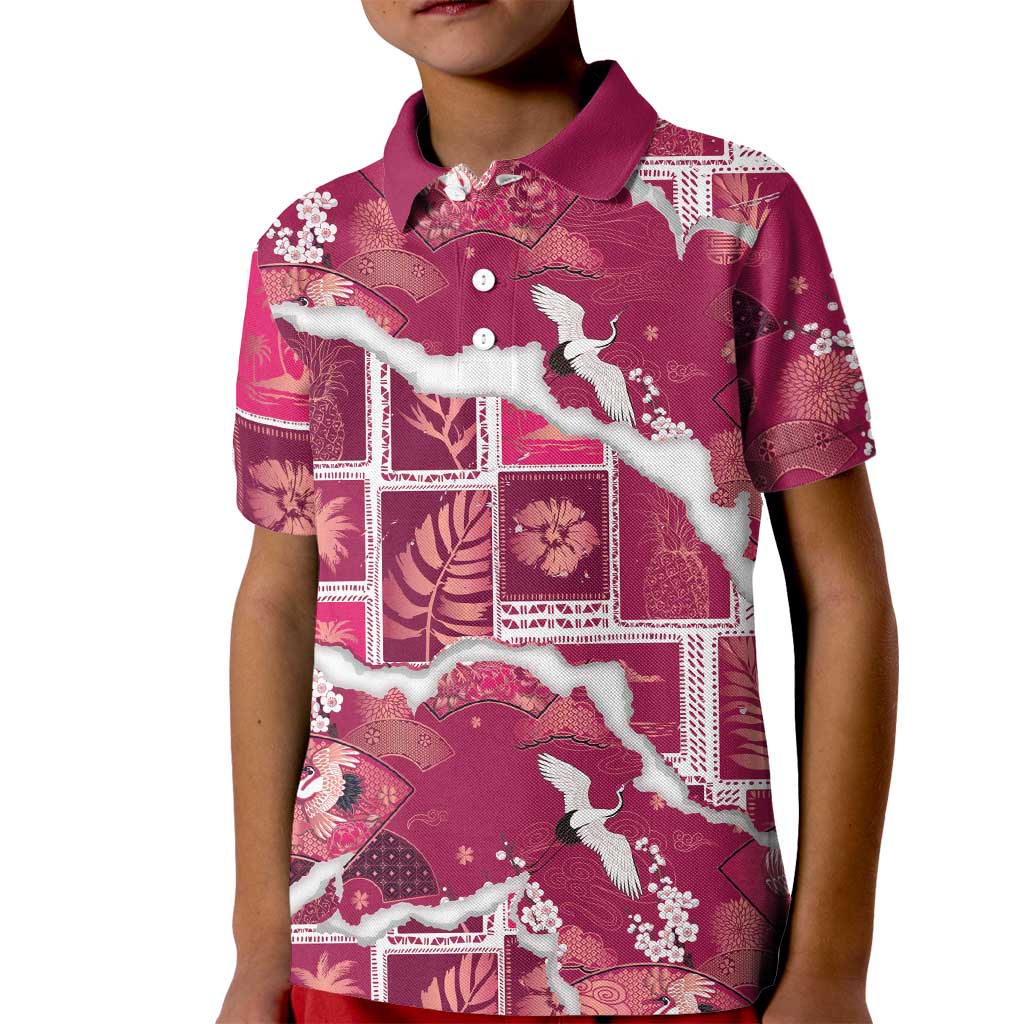 Hawaii Japanese Culture Pink Kid Polo Shirt Spring Cranes Aloha Pattern