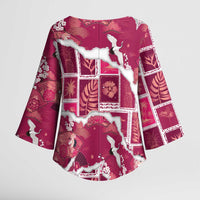 Hawaii Japanese Culture Pink Kimono Sleeve Blouse Spring Cranes Aloha Pattern