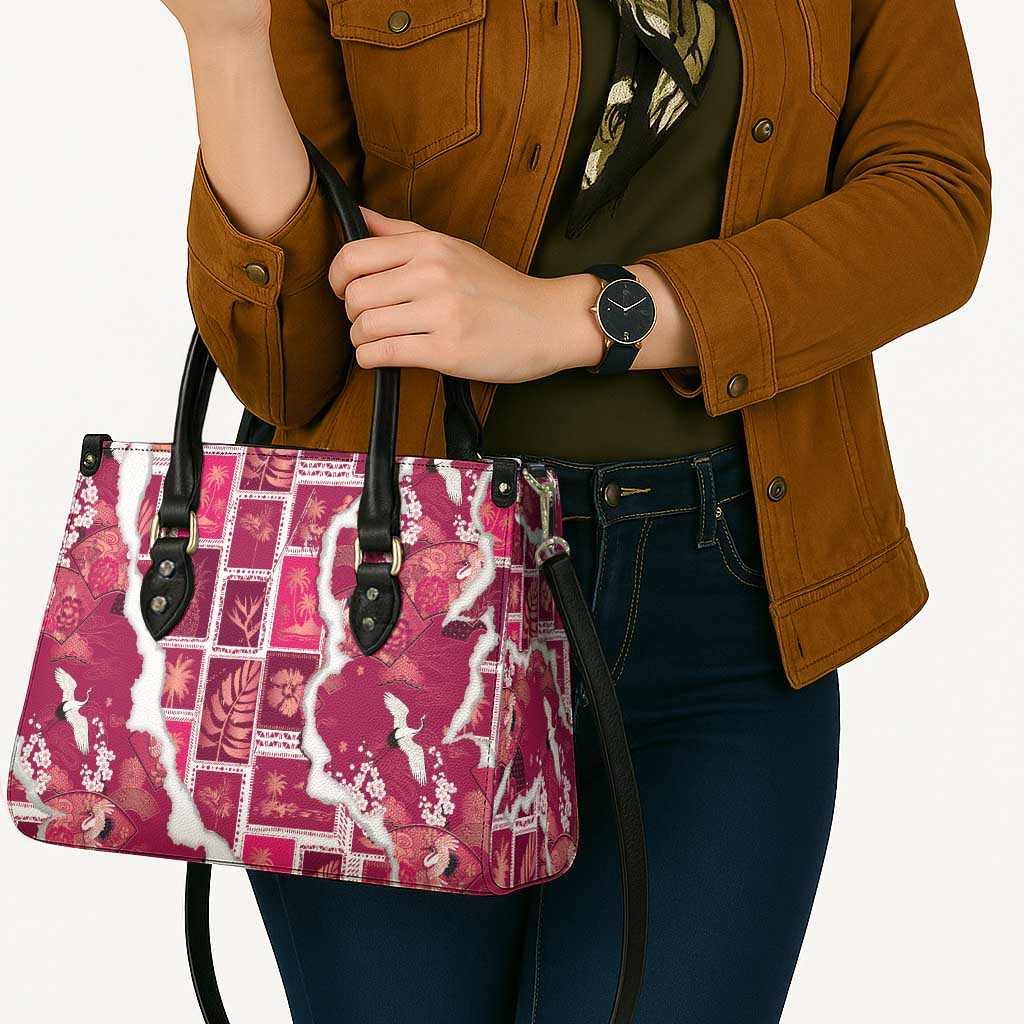 Hawaii Japanese Culture Pink Leather Bag Spring Cranes Aloha Pattern