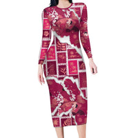 Hawaii Japanese Culture Pink Long Sleeve Bodycon Dress Spring Cranes Aloha Pattern