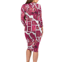 Hawaii Japanese Culture Pink Long Sleeve Bodycon Dress Spring Cranes Aloha Pattern