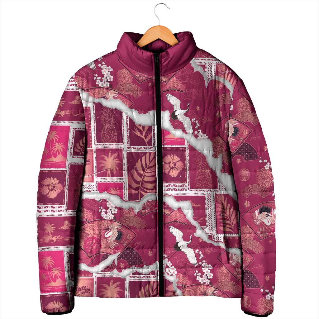 Hawaii Japanese Culture Pink Padded Jacket Spring Cranes Aloha Pattern