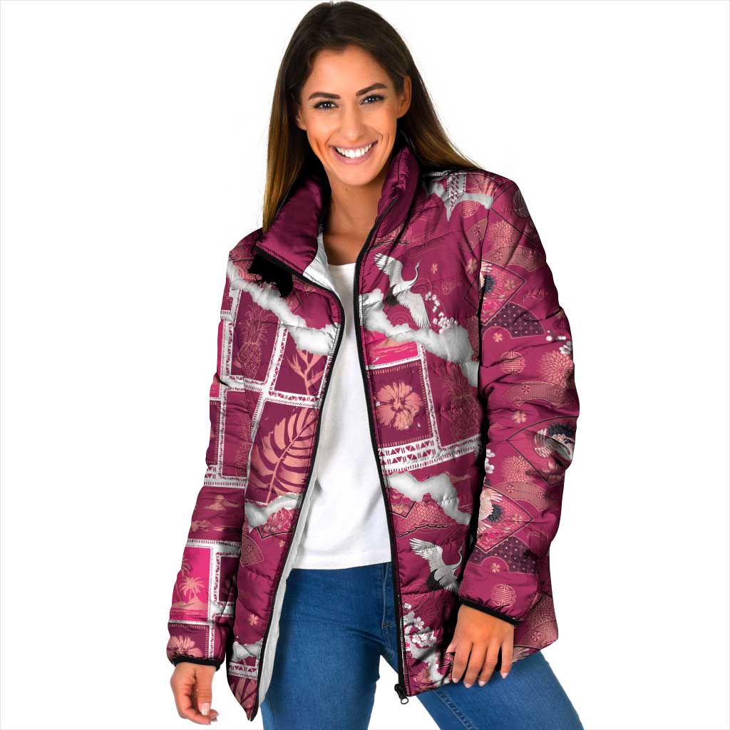 Hawaii Japanese Culture Pink Padded Jacket Spring Cranes Aloha Pattern
