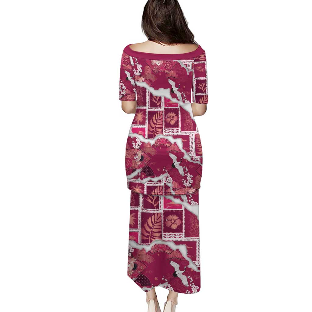 Hawaii Japanese Culture Pink Puletasi Spring Cranes Aloha Pattern