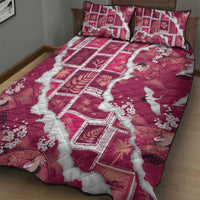 Hawaii Japanese Culture Pink Quilt Bed Set Spring Cranes Aloha Pattern