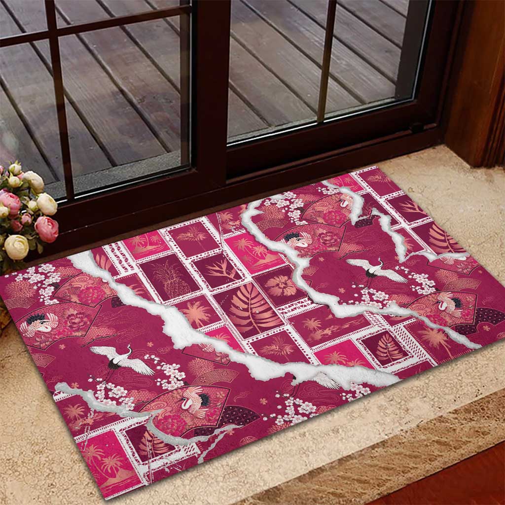 Hawaii Japanese Culture Pink Rubber Doormat Spring Cranes Aloha Pattern