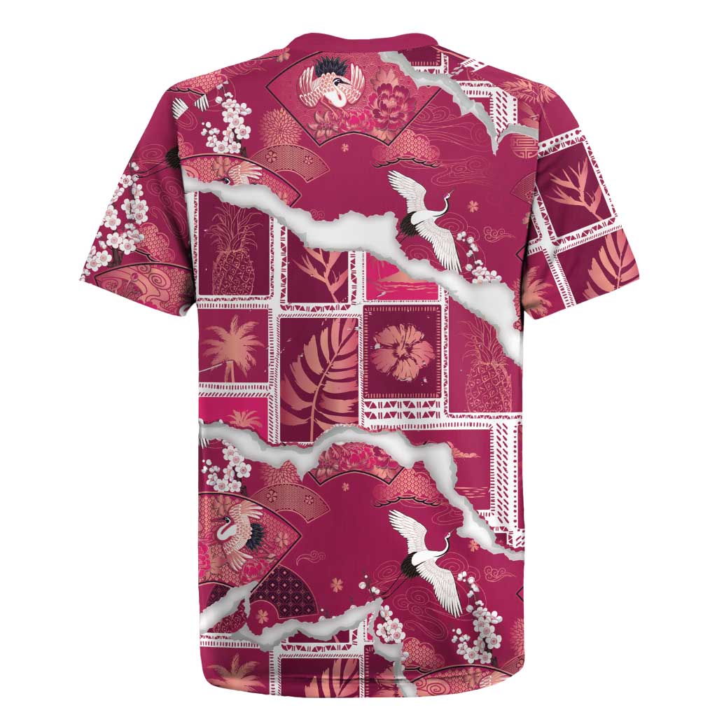 Hawaii Japanese Culture Pink Rugby Jersey Spring Cranes Aloha Pattern
