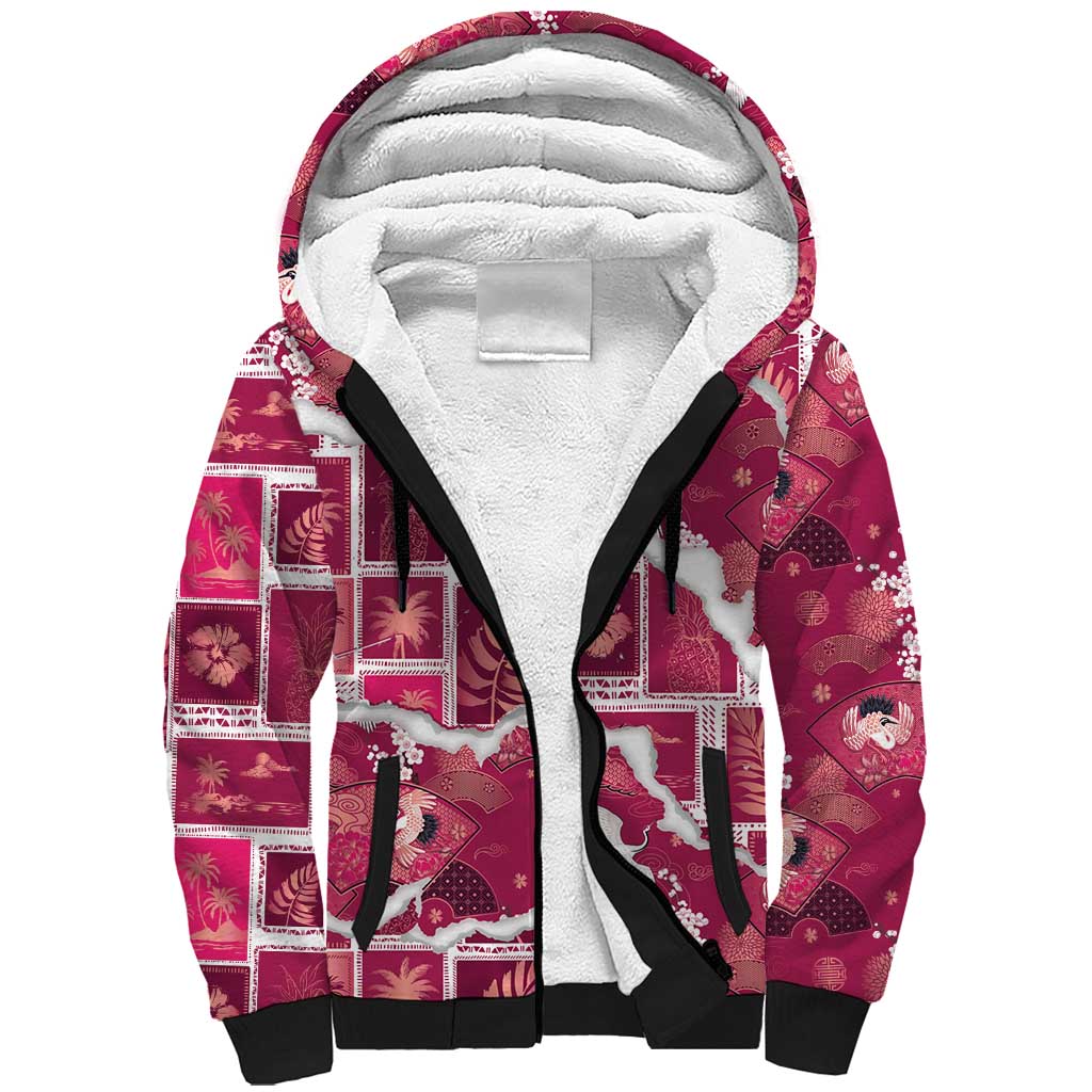 Hawaii Japanese Culture Pink Sherpa Hoodie Spring Cranes Aloha Pattern