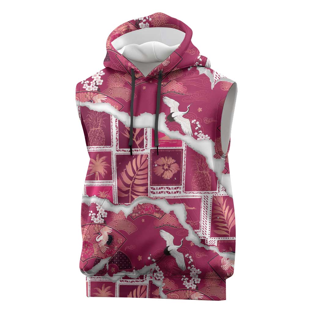 Hawaii Japanese Culture Pink Sleeveless Hoodie Spring Cranes Aloha Pattern