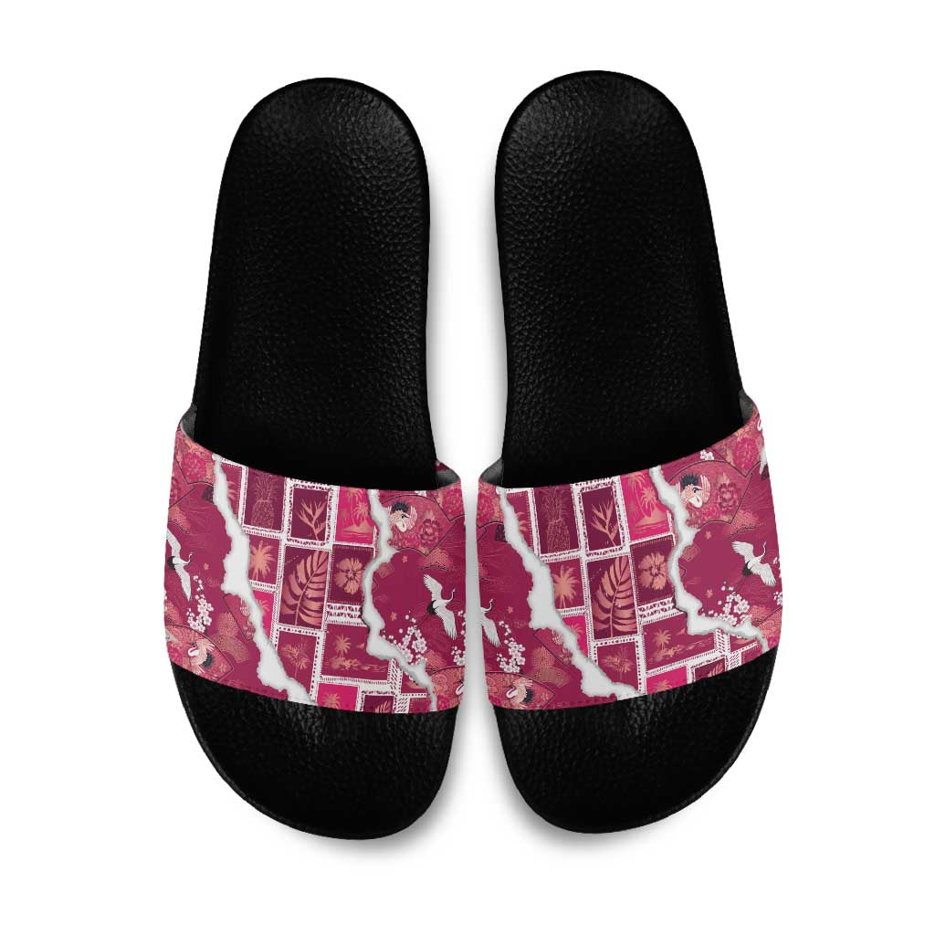 Hawaii Japanese Culture Pink Slide Sandals Spring Cranes Aloha Pattern