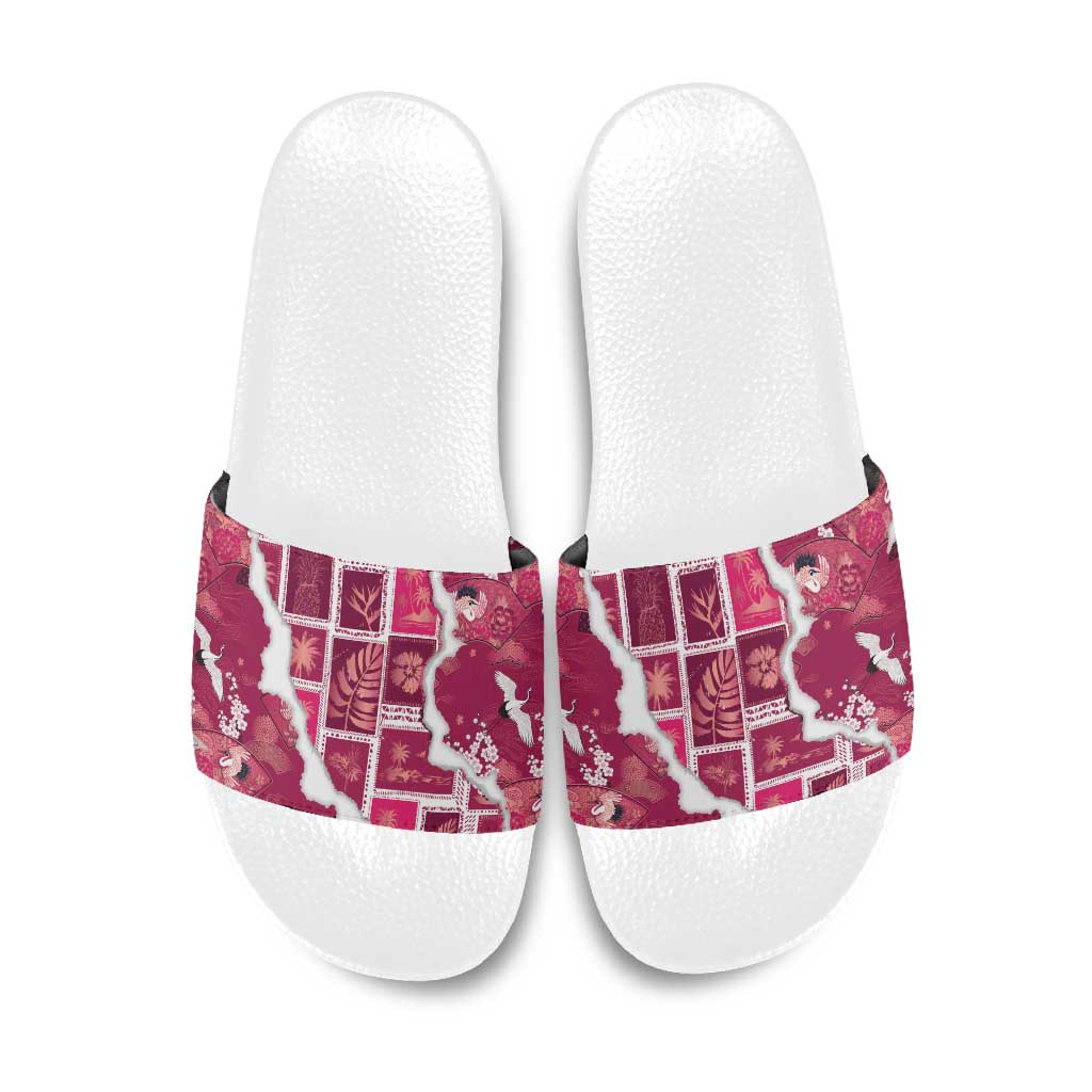 Hawaii Japanese Culture Pink Slide Sandals Spring Cranes Aloha Pattern