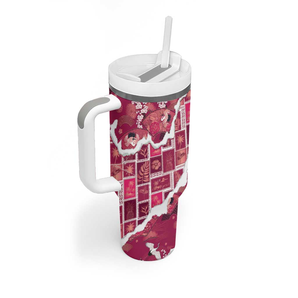 Hawaii Japanese Culture Pink Tumbler With Handle Spring Cranes Aloha Pattern