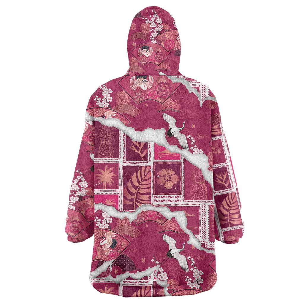 Hawaii Japanese Culture Pink Wearable Blanket Hoodie Spring Cranes Aloha Pattern