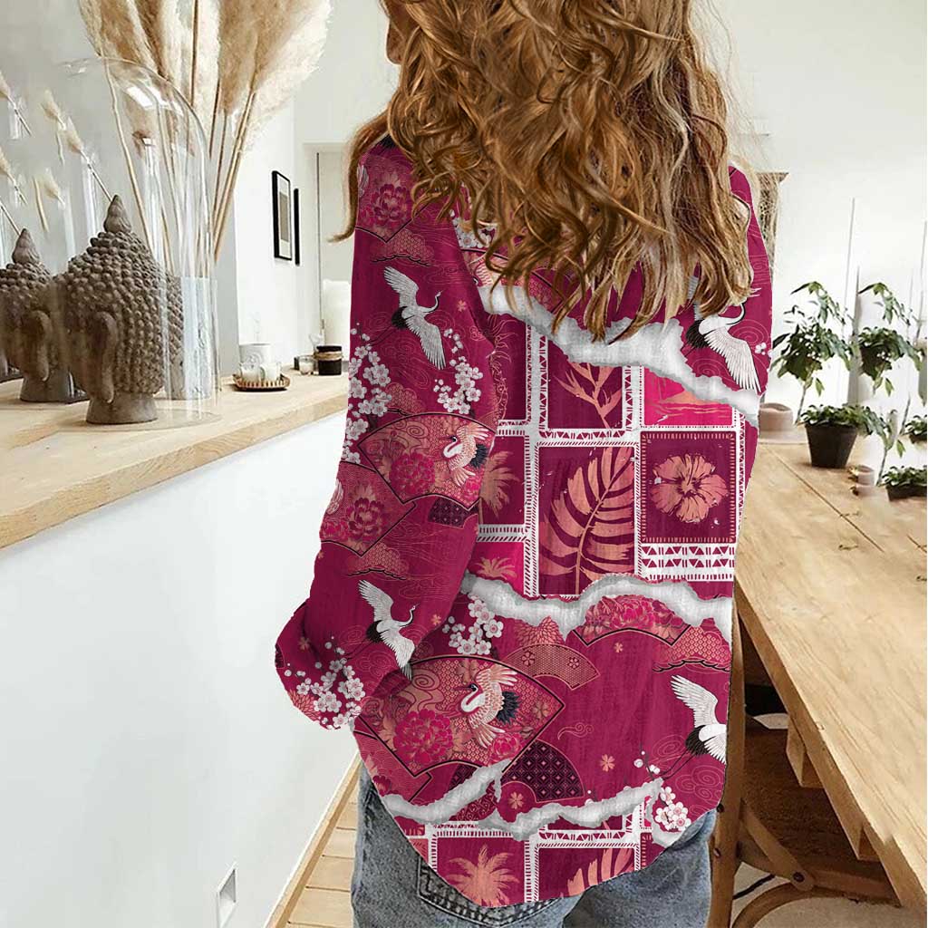 Hawaii Japanese Culture Pink Women Casual Shirt Spring Cranes Aloha Pattern