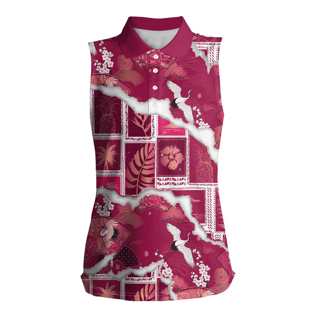 Hawaii Japanese Culture Pink Women Sleeveless Polo Shirt Spring Cranes Aloha Pattern