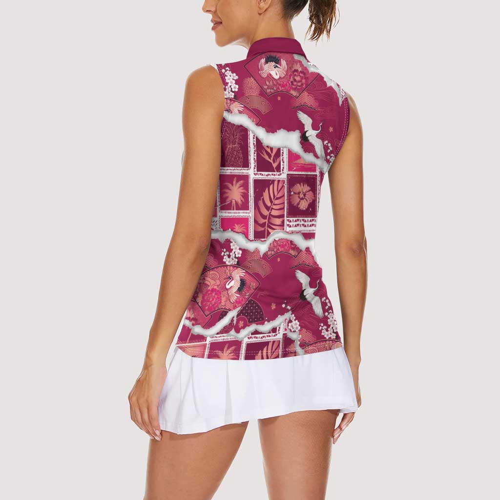 Hawaii Japanese Culture Pink Women Sleeveless Polo Shirt Spring Cranes Aloha Pattern