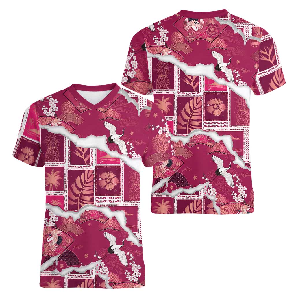 Hawaii Japanese Culture Pink Women V-Neck T-Shirt Spring Cranes Aloha Pattern