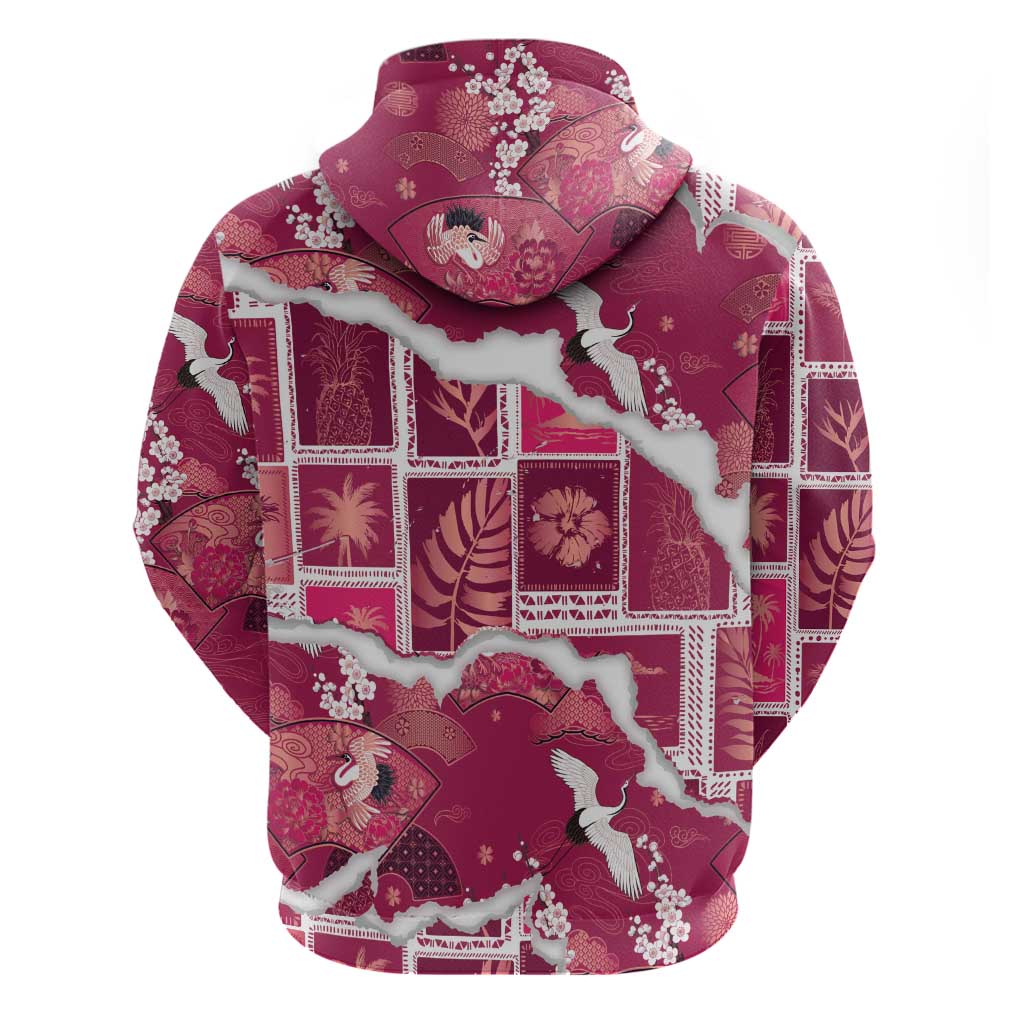 Hawaii Japanese Culture Pink Zip Hoodie Spring Cranes Aloha Pattern