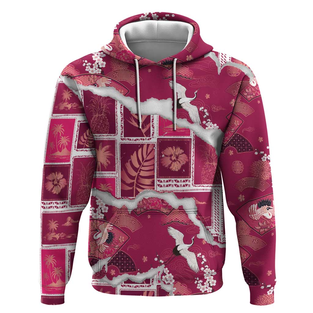Hawaii Japanese Culture Pink Zip Hoodie Spring Cranes Aloha Pattern