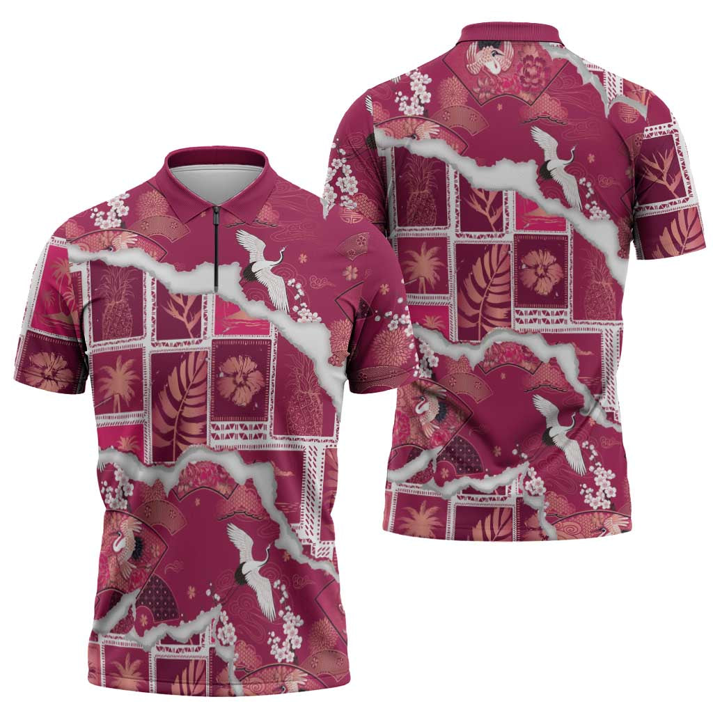 Hawaii Japanese Culture Pink Zipper Polo Shirt Spring Cranes Aloha Pattern