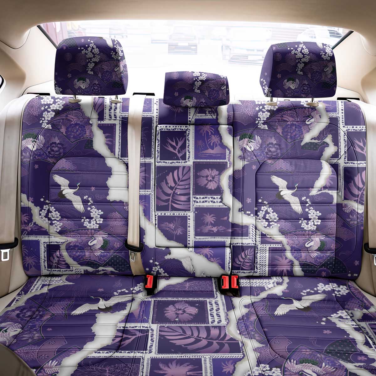 Hawaii Japanese Culture Purple Back Car Seat Cover Spring Cranes Aloha Pattern
