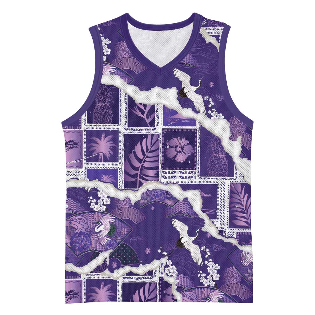 Hawaii Japanese Culture Purple Basketball Jersey Spring Cranes Aloha Pattern