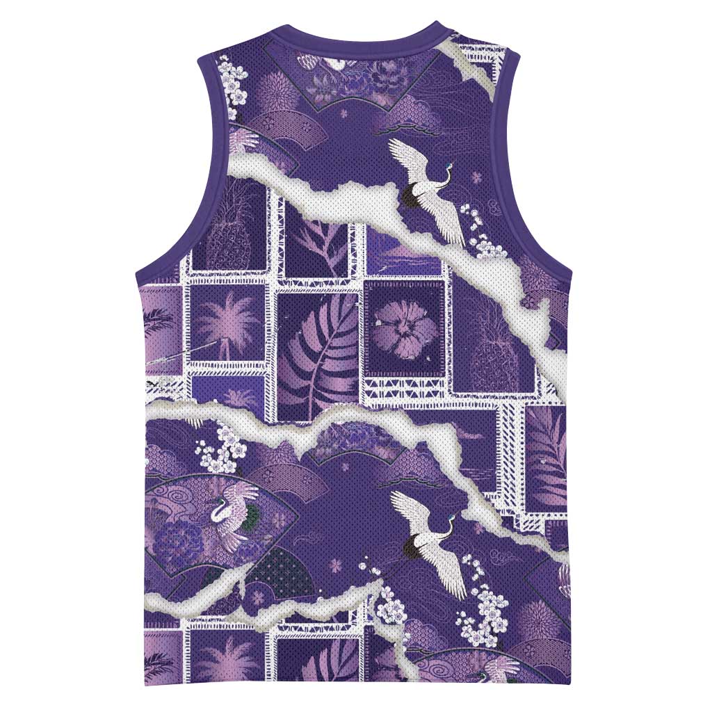 Hawaii Japanese Culture Purple Basketball Jersey Spring Cranes Aloha Pattern