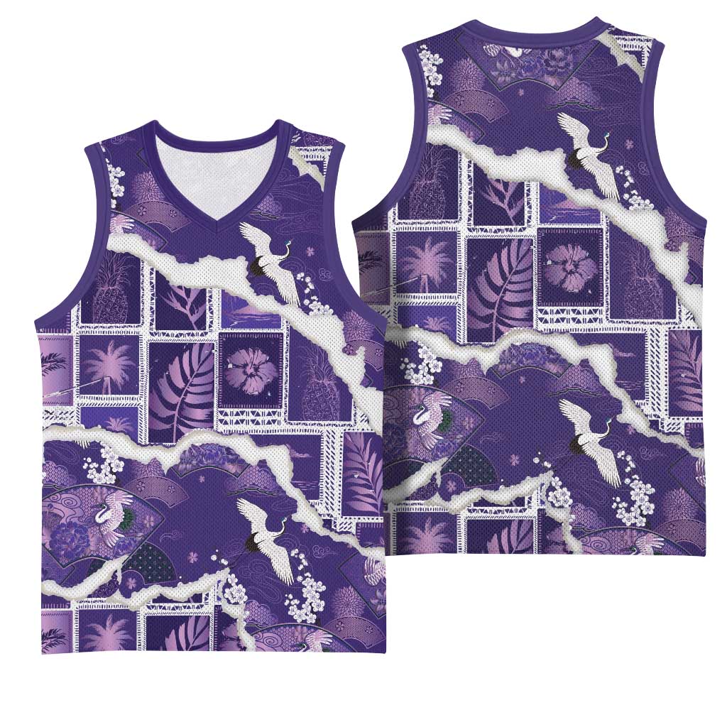 Hawaii Japanese Culture Purple Basketball Jersey Spring Cranes Aloha Pattern