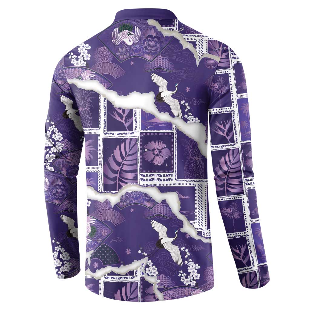 Hawaii Japanese Culture Purple Button Sweatshirt Spring Cranes Aloha Pattern