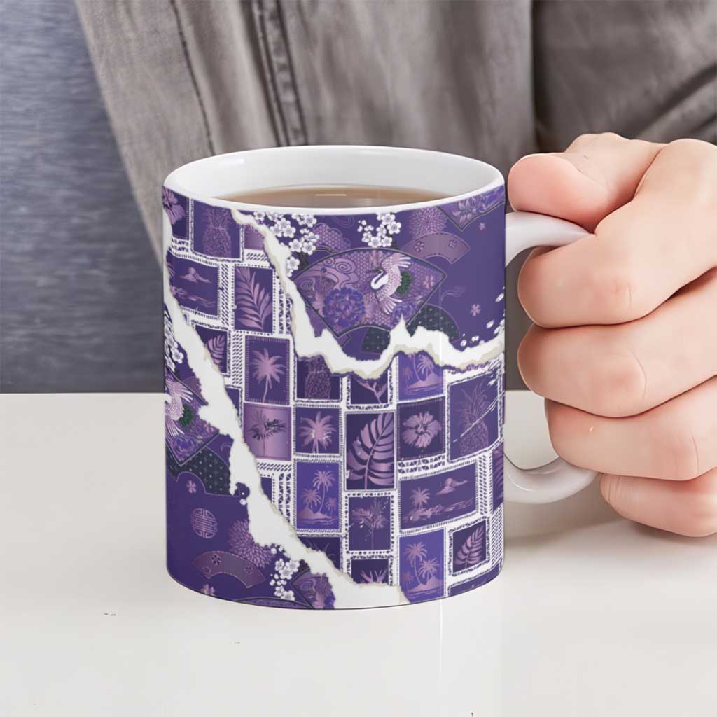 Hawaii Japanese Culture Purple Ceramic Mug Spring Cranes Aloha Pattern