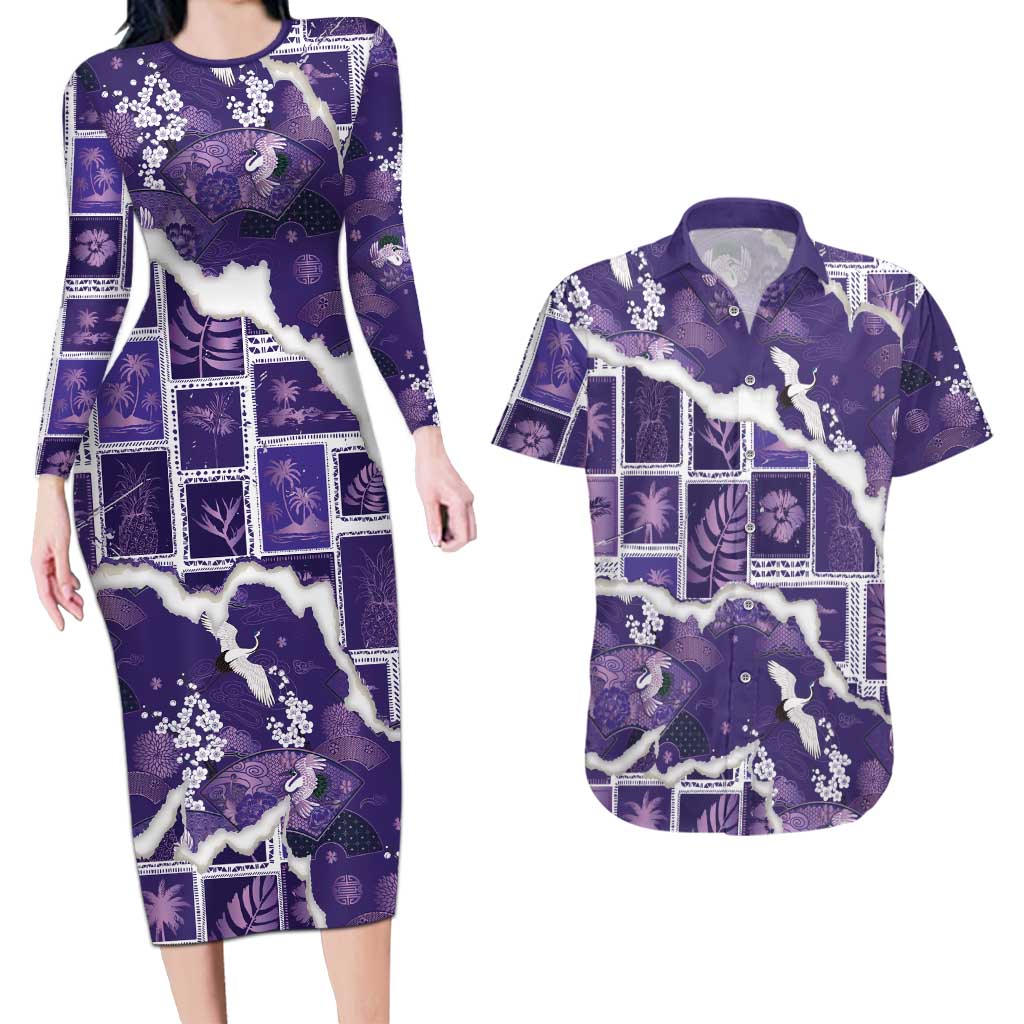 Hawaii Japanese Culture Purple Couples Matching Long Sleeve Bodycon Dress and Hawaiian Shirt Spring Cranes Aloha Pattern