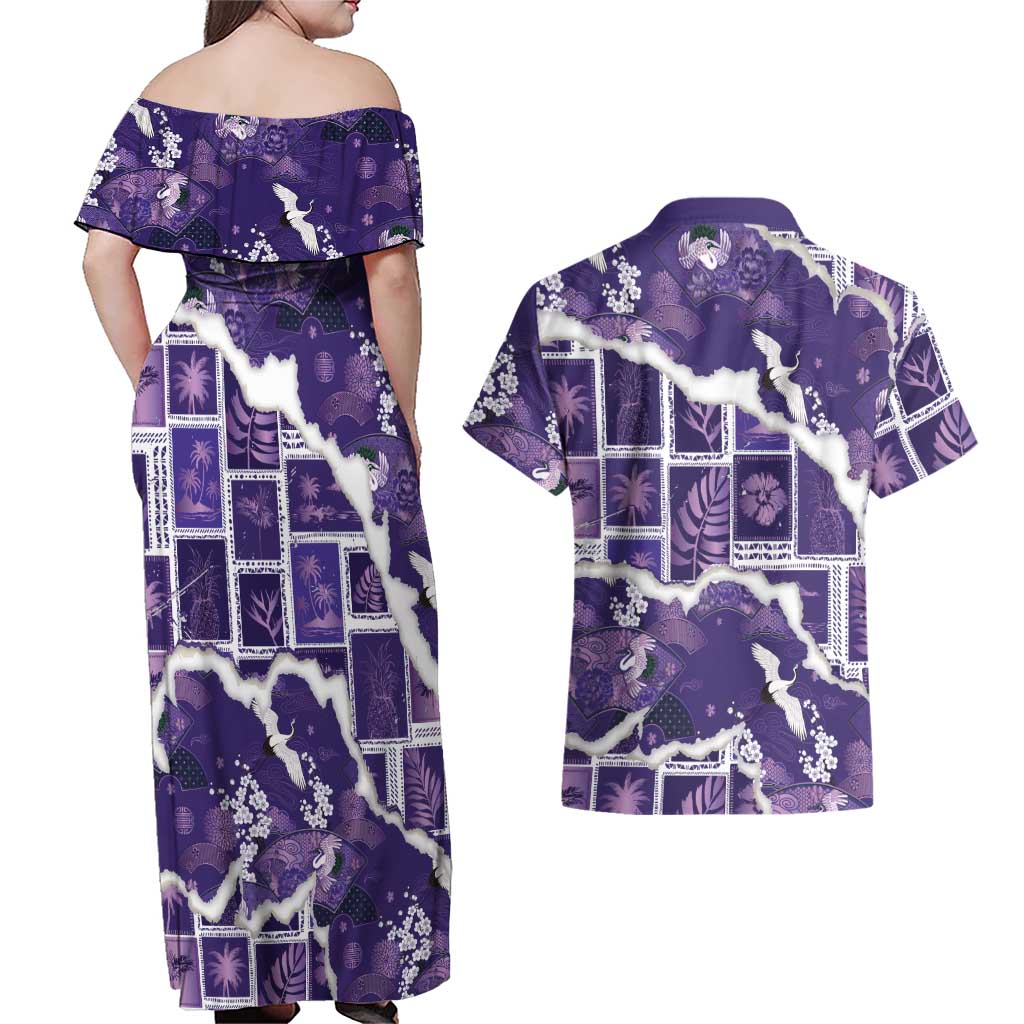 Hawaii Japanese Culture Purple Couples Matching Off Shoulder Maxi Dress and Hawaiian Shirt Spring Cranes Aloha Pattern