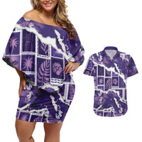Hawaii Japanese Culture Purple Couples Matching Off Shoulder Short Dress and Hawaiian Shirt Spring Cranes Aloha Pattern