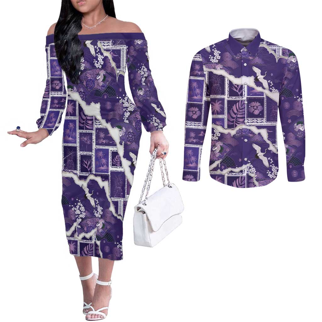 Hawaii Japanese Culture Purple Couples Matching Off The Shoulder Long Sleeve Dress and Long Sleeve Button Shirt Spring Cranes Aloha Pattern