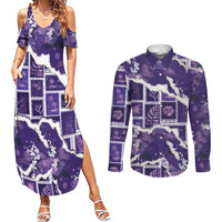 Hawaii Japanese Culture Purple Couples Matching Summer Maxi Dress and Long Sleeve Button Shirt Spring Cranes Aloha Pattern