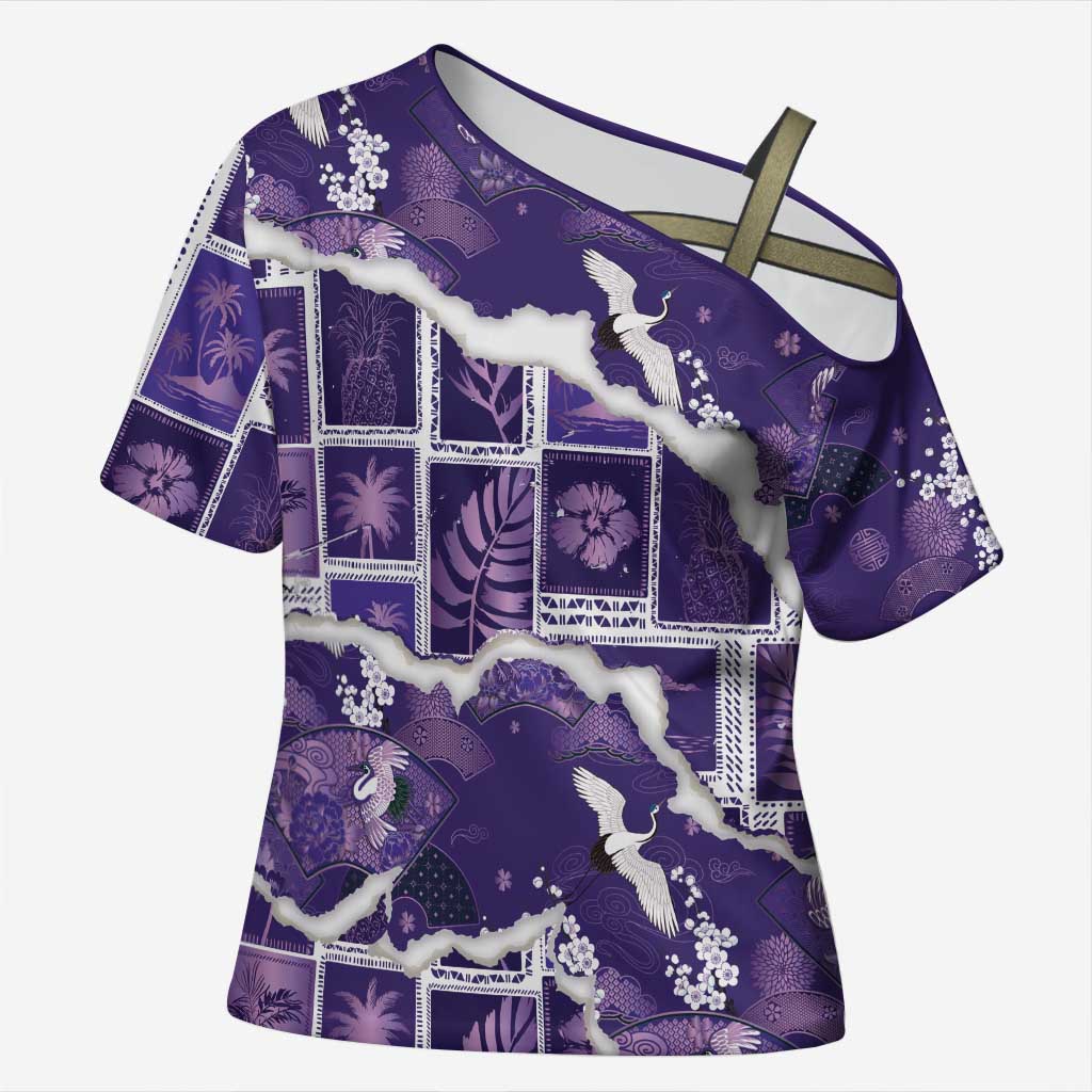 Hawaii Japanese Culture Purple Cross Shoulder Shirt Spring Cranes Aloha Pattern