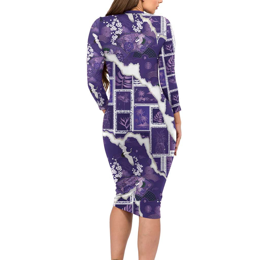 Hawaii Japanese Culture Purple Family Matching Long Sleeve Bodycon Dress and Hawaiian Shirt Spring Cranes Aloha Pattern LT01 - Polynesian Pride