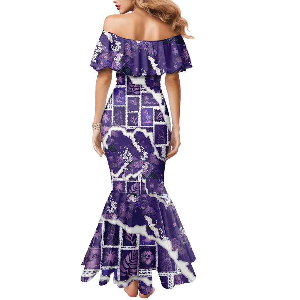 Hawaii Japanese Culture Purple Family Matching Mermaid Dress and Hawaiian Shirt Spring Cranes Aloha Pattern LT01 - Polynesian Pride