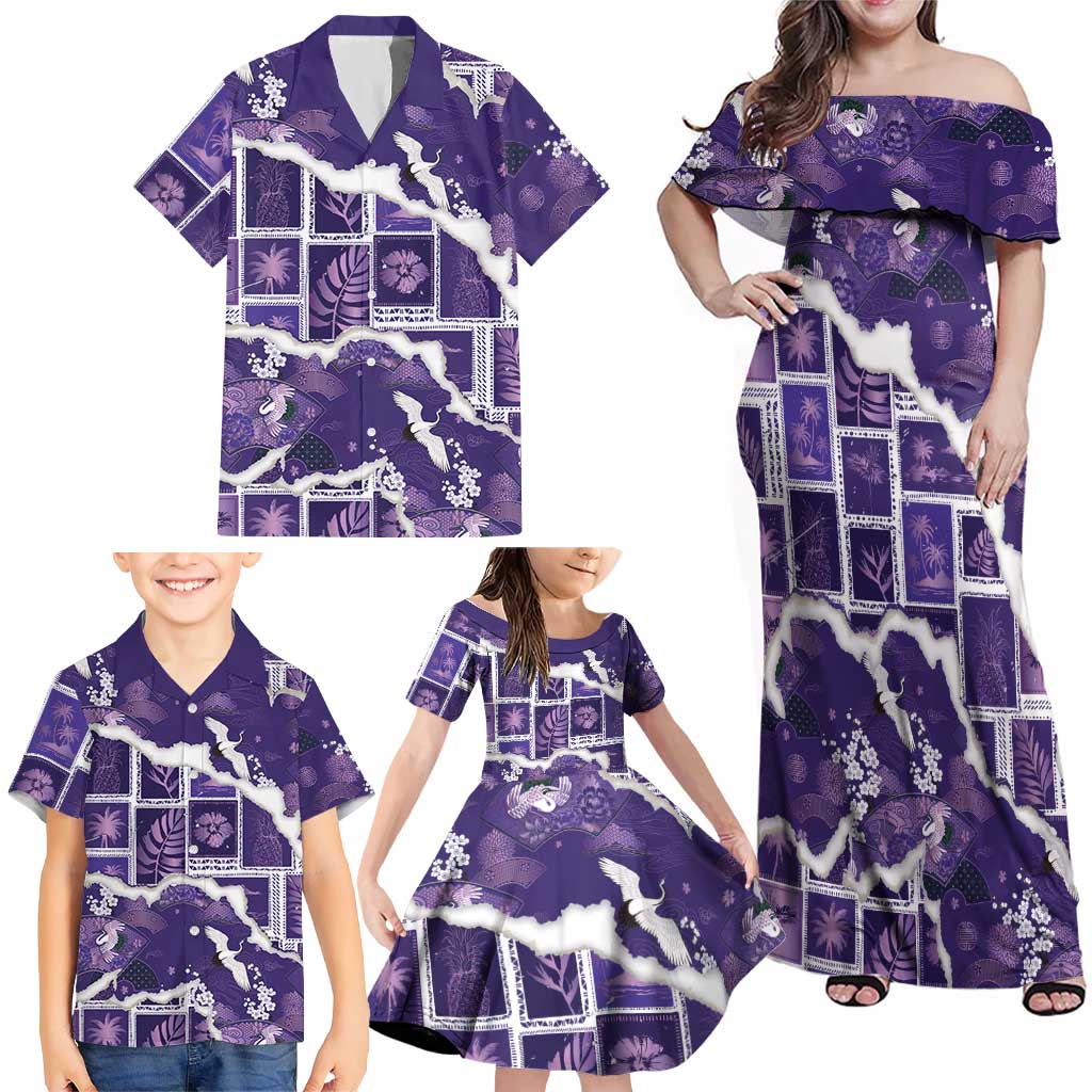 Hawaii Japanese Culture Purple Family Matching Off Shoulder Maxi Dress and Hawaiian Shirt Spring Cranes Aloha Pattern LT01 - Polynesian Pride