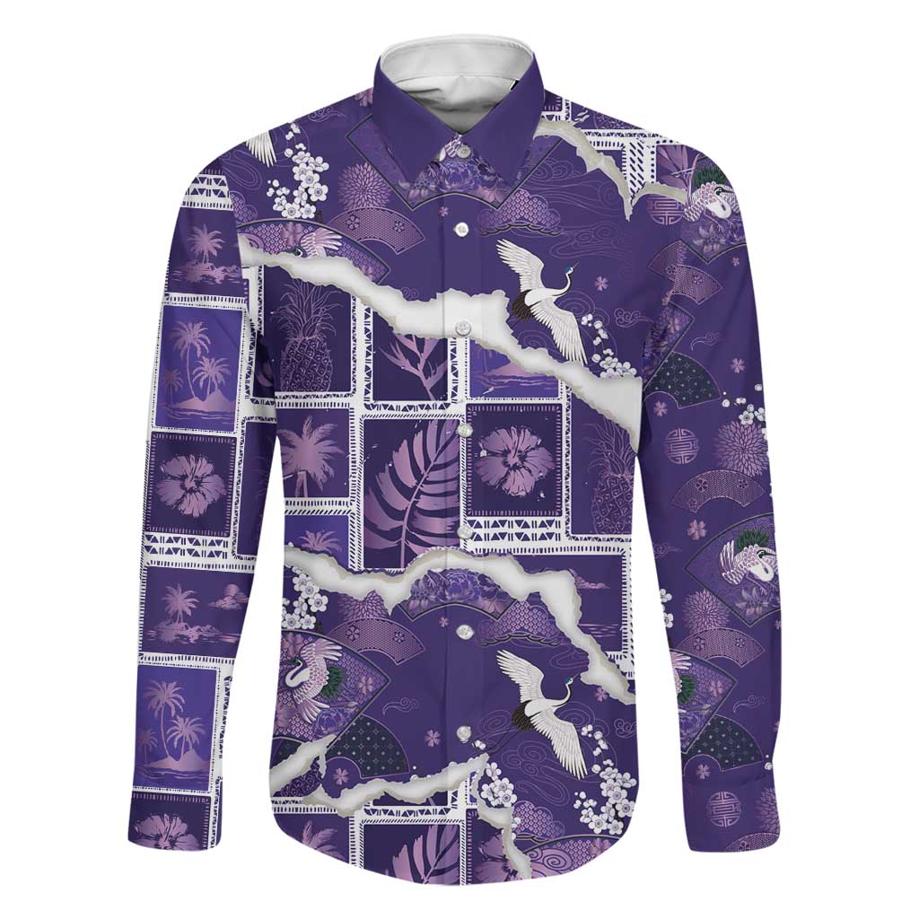Hawaii Japanese Culture Purple Family Matching Off Shoulder Maxi Dress and Hawaiian Shirt Spring Cranes Aloha Pattern LT01 Dad's Shirt - Long Sleeve Purple - Polynesian Pride
