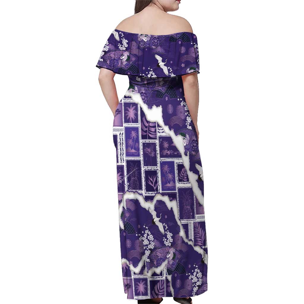 Hawaii Japanese Culture Purple Family Matching Off Shoulder Maxi Dress and Hawaiian Shirt Spring Cranes Aloha Pattern LT01 - Polynesian Pride
