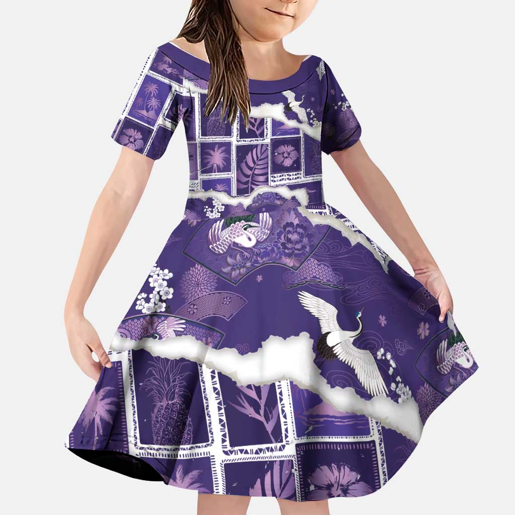 Hawaii Japanese Culture Purple Family Matching Off Shoulder Short Dress and Hawaiian Shirt Spring Cranes Aloha Pattern LT01 Daughter's Dress Purple - Polynesian Pride