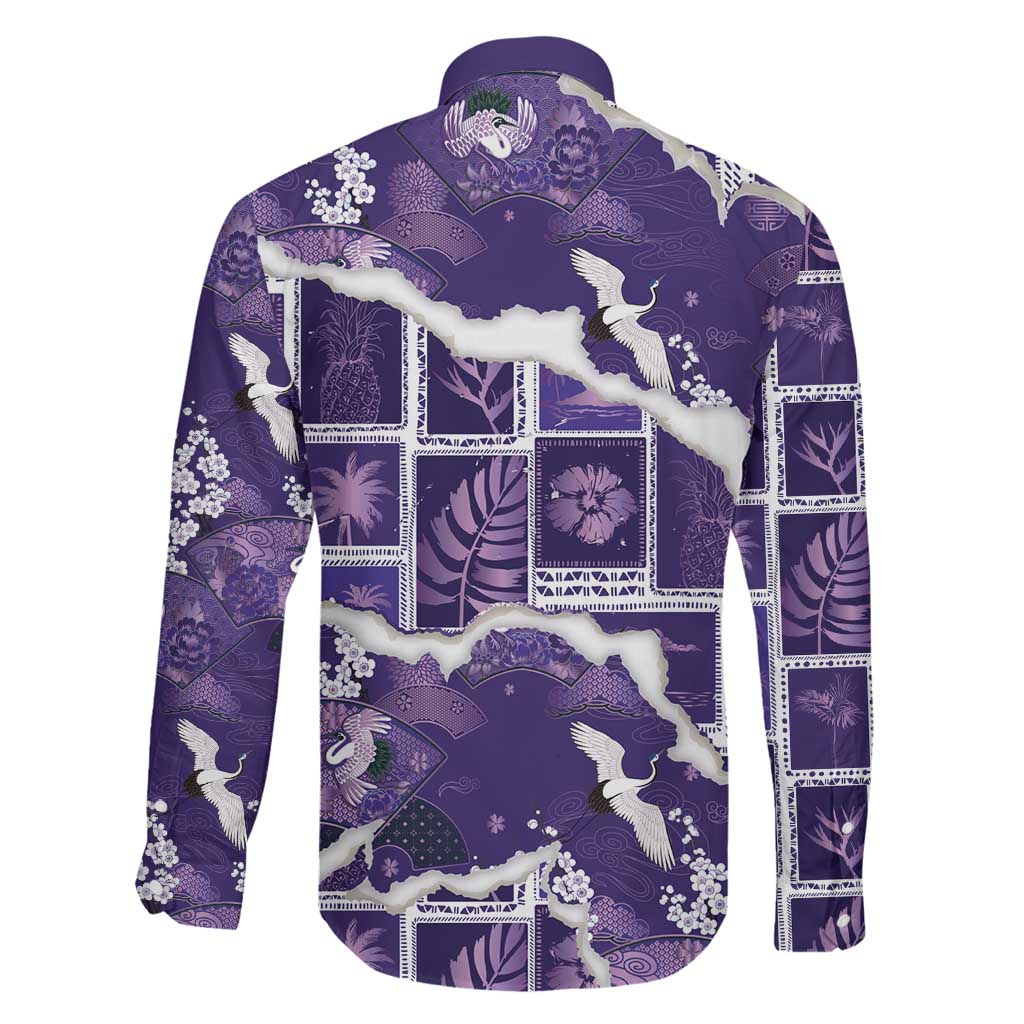 Hawaii Japanese Culture Purple Family Matching Off Shoulder Short Dress and Hawaiian Shirt Spring Cranes Aloha Pattern LT01 - Polynesian Pride
