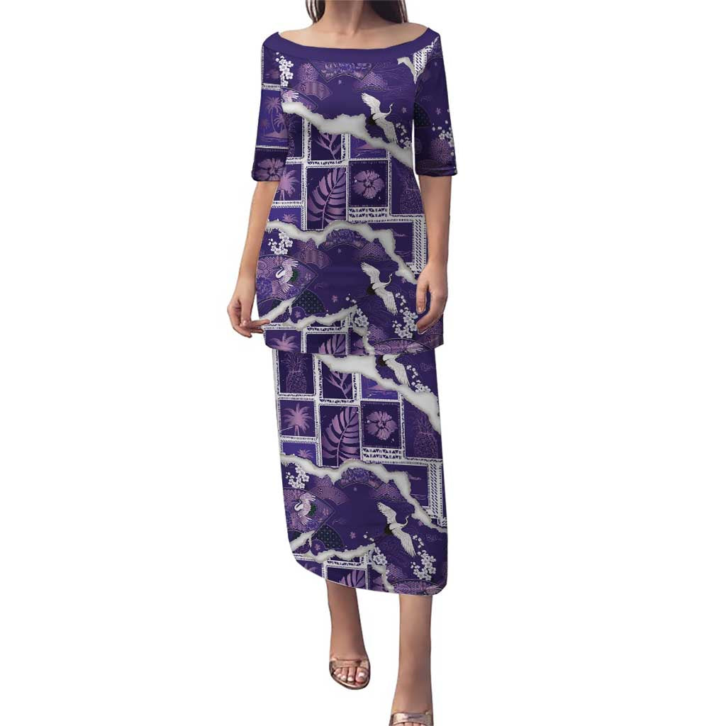Hawaii Japanese Culture Purple Family Matching Puletasi and Hawaiian Shirt Spring Cranes Aloha Pattern
