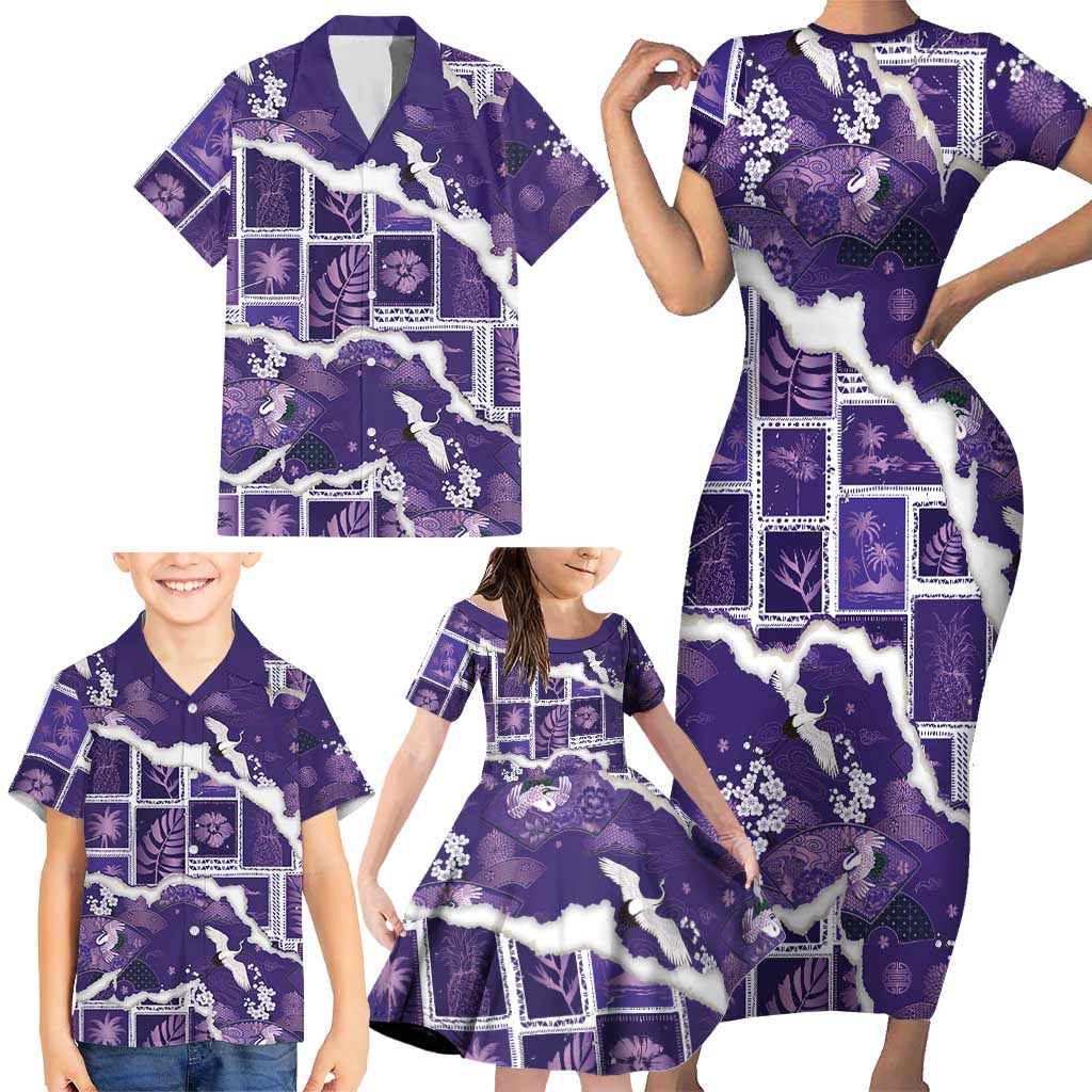 Hawaii Japanese Culture Purple Family Matching Short Sleeve Bodycon Dress and Hawaiian Shirt Spring Cranes Aloha Pattern