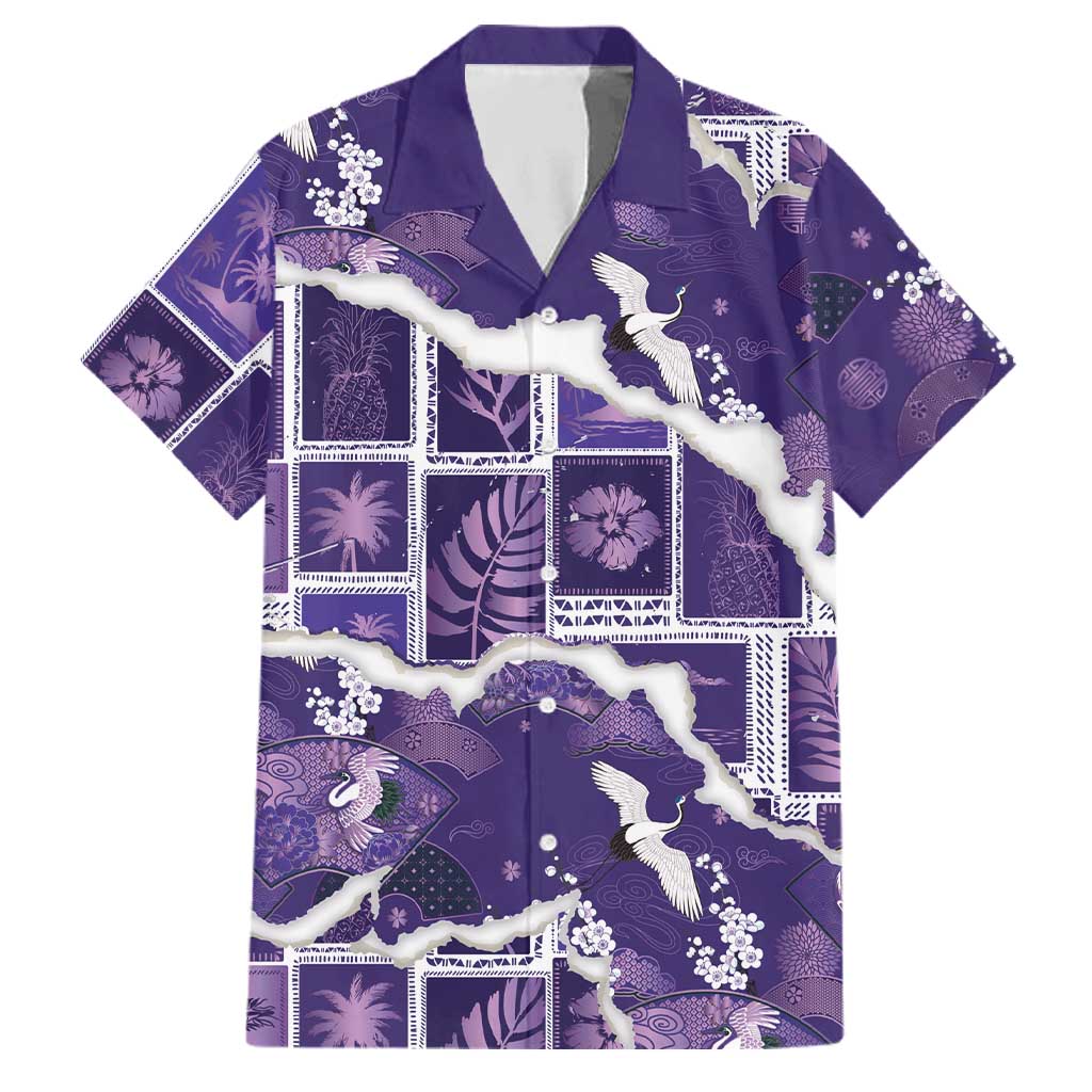 Hawaii Japanese Culture Purple Family Matching Short Sleeve Bodycon Dress and Hawaiian Shirt Spring Cranes Aloha Pattern LT01 Dad's Shirt - Short Sleeve Purple - Polynesian Pride