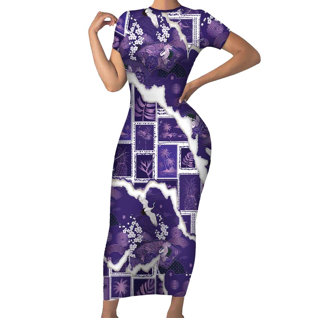 Hawaii Japanese Culture Purple Family Matching Short Sleeve Bodycon Dress and Hawaiian Shirt Spring Cranes Aloha Pattern LT01 Mom's Dress Purple - Polynesian Pride