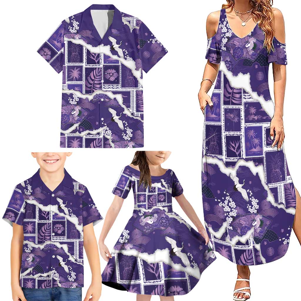 Hawaii Japanese Culture Purple Family Matching Summer Maxi Dress and Hawaiian Shirt Spring Cranes Aloha Pattern LT01 - Polynesian Pride