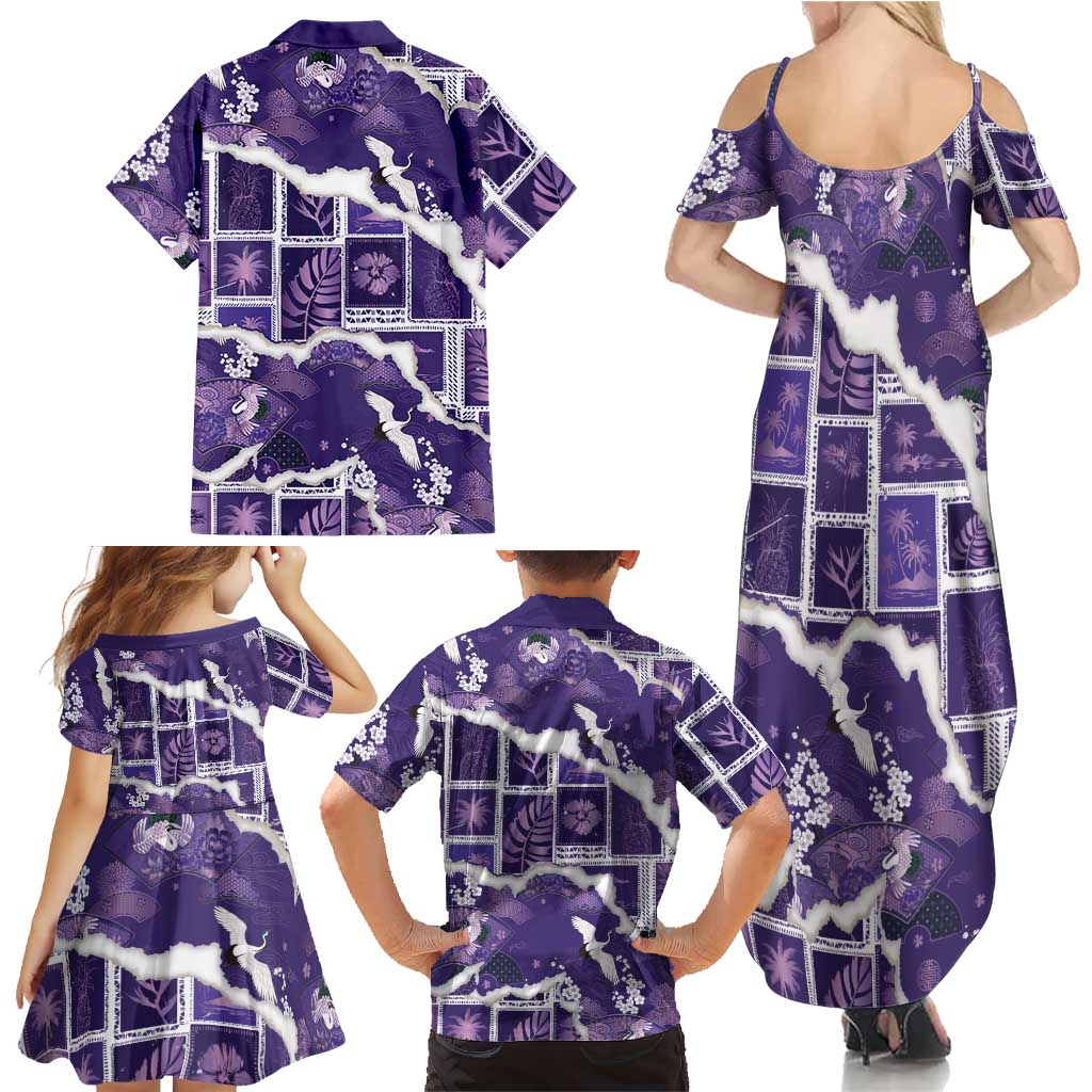 Hawaii Japanese Culture Purple Family Matching Summer Maxi Dress and Hawaiian Shirt Spring Cranes Aloha Pattern LT01 - Polynesian Pride